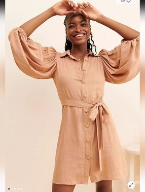 Free People Girl & the Sun Alessi Tan Linen Blend Mini Shirtdress Sz M